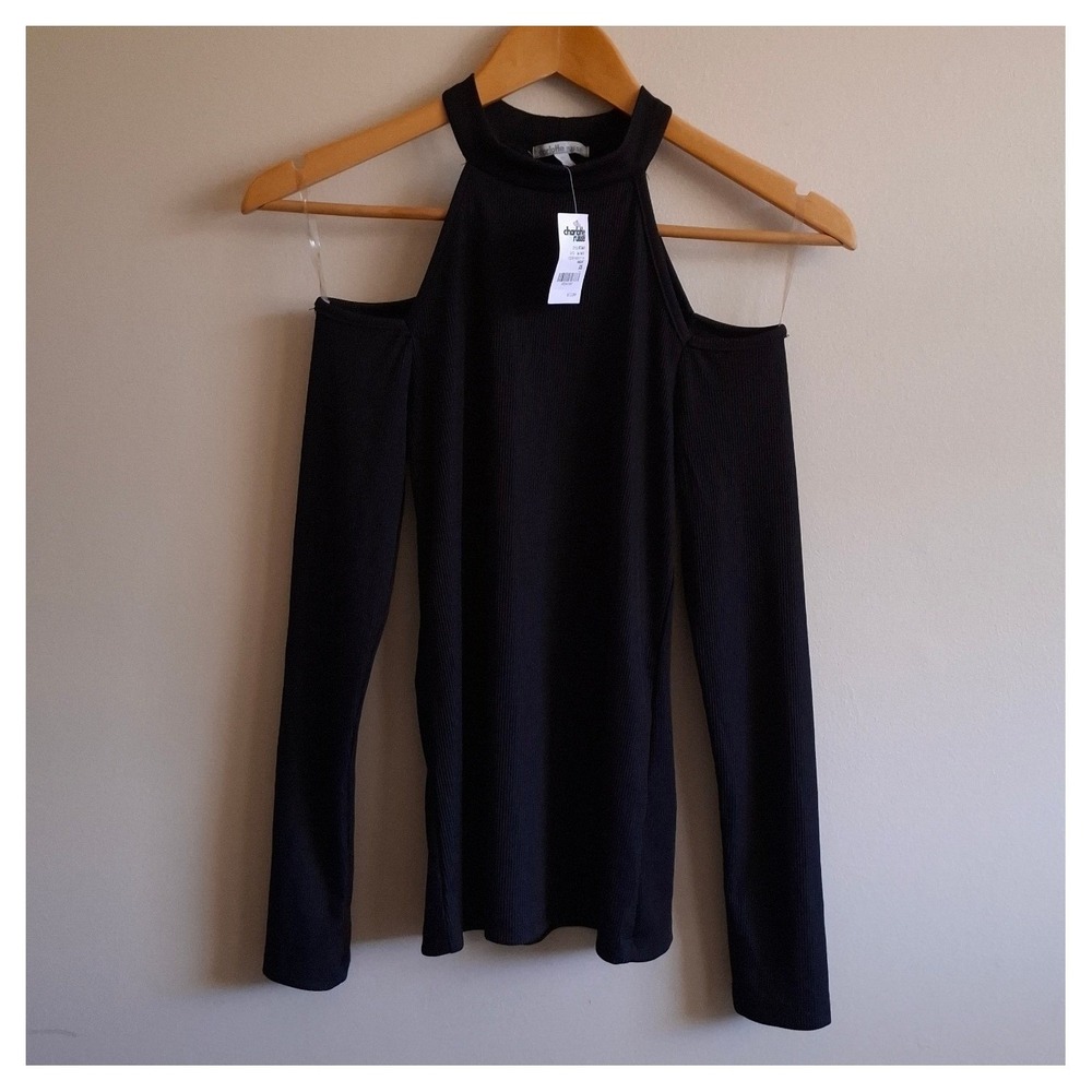 NWT Charlotte Russe Y2K Glam Goth Cold Shoulder Long Sleeve Top Witchy Fitted XS